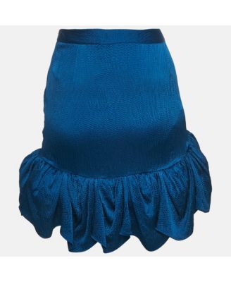 Women's Blue Textured Silk Ruffled Mini Skirt