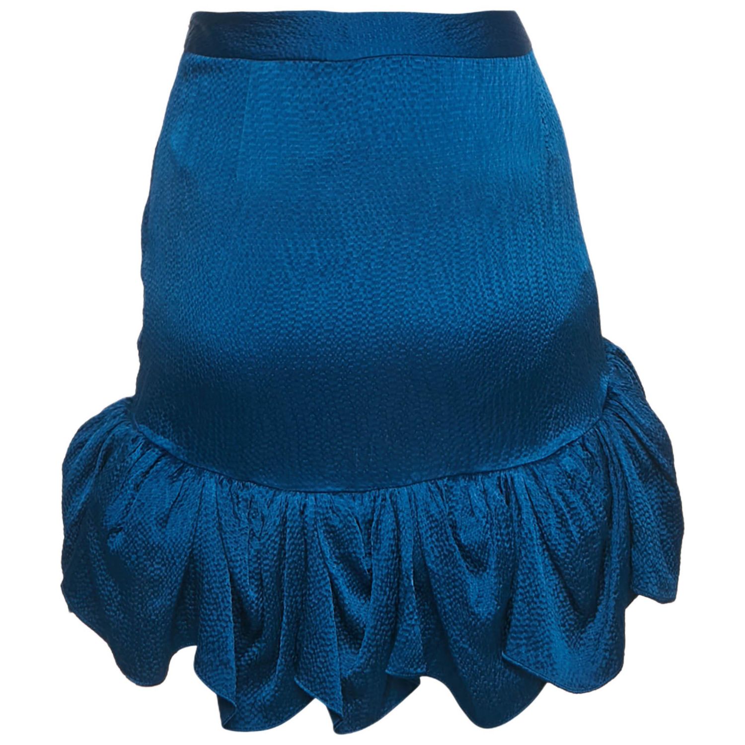 Women's Blue Textured Silk Ruffled Mini Skirt