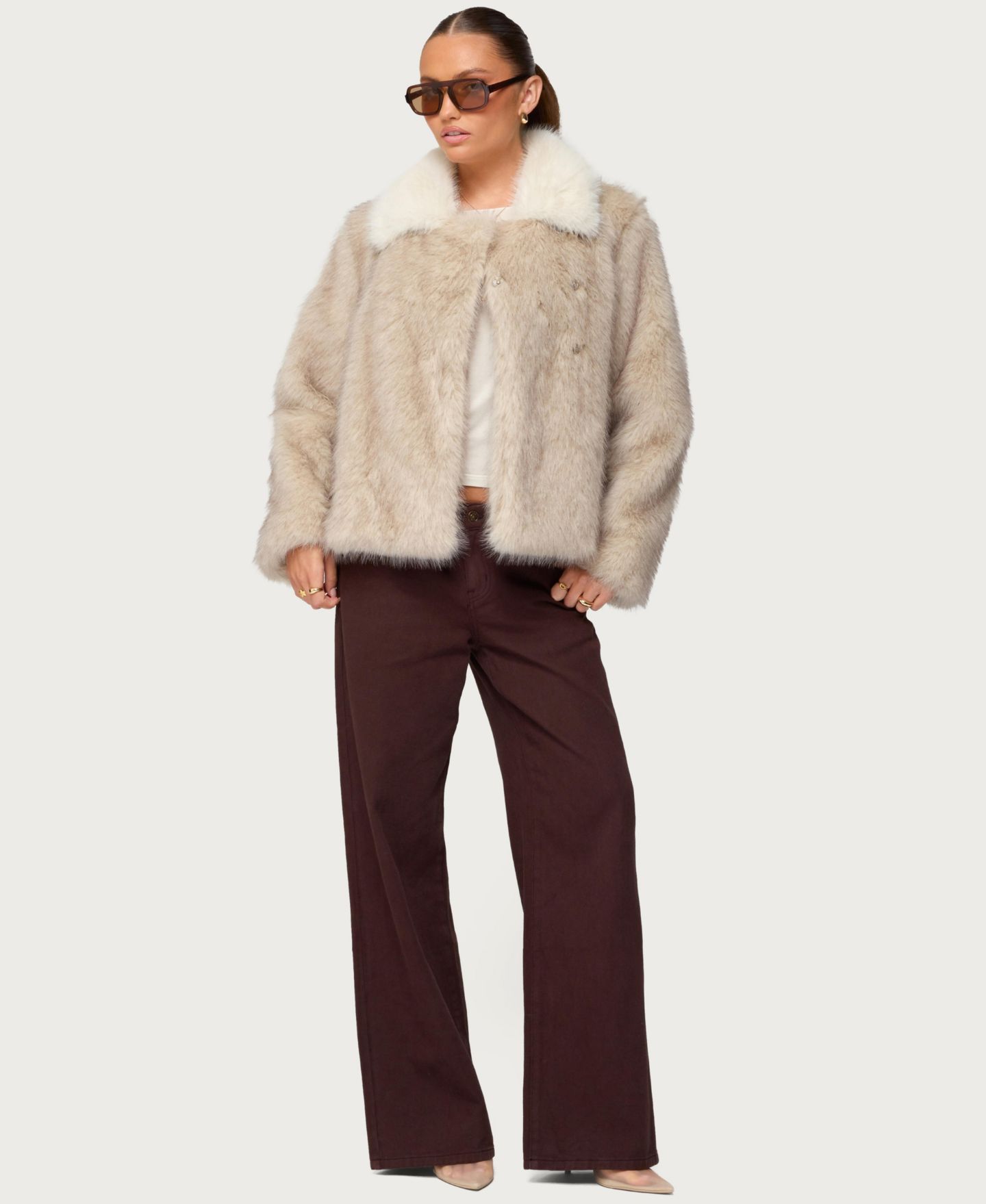 Женская куртка Edikted Contrast Collar Faux Fur, цвет: Рыжевато-коричневый — фото 3