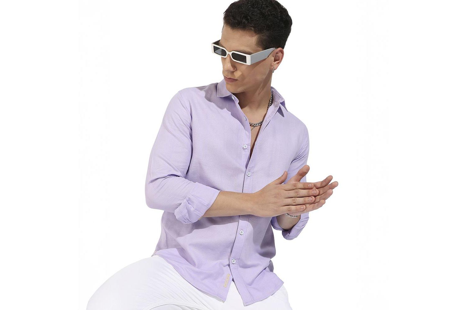 Men's Lavender Self-Design Striped Shirt