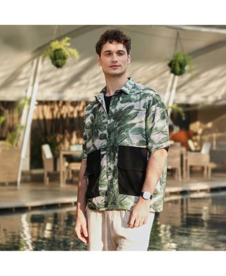 Men's Jungle Green & Ivory White Flora-Stroke Oversized Shirt