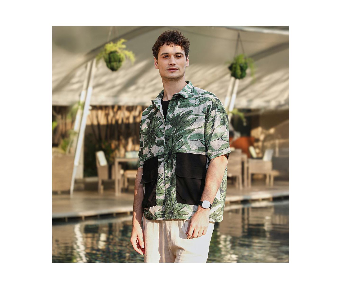 Мужская рубашка Cahoot Campus Sutra Jungle Green & Ivory White Flora-Stroke Oversized, цвет: Белый — фото 3