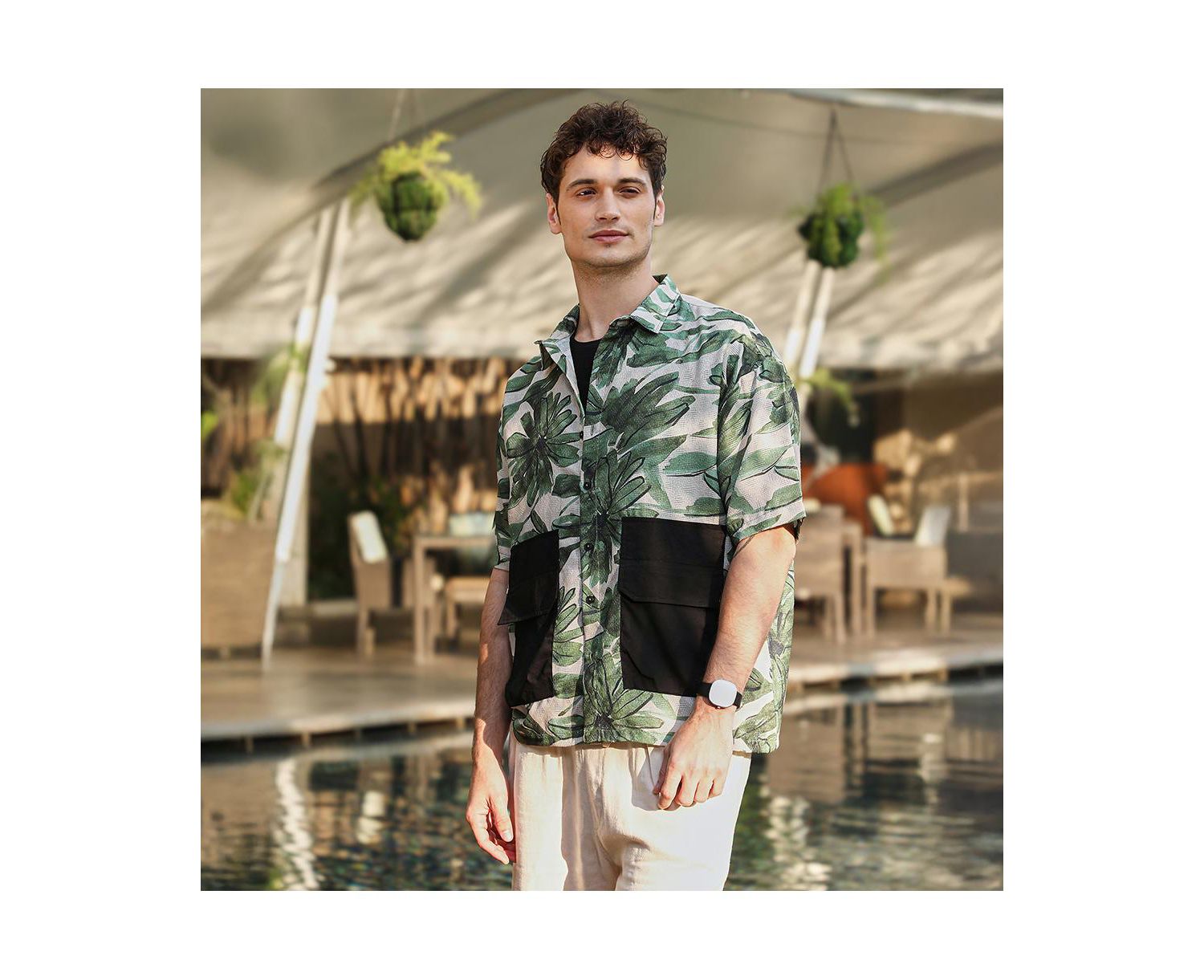 Men's Jungle Green & Ivory White Flora-Stroke Oversized Shirt