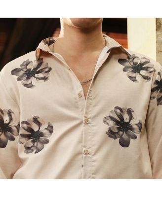 Men's Ecru Beige & Midnight Black Withering Flora Imprint Shirt