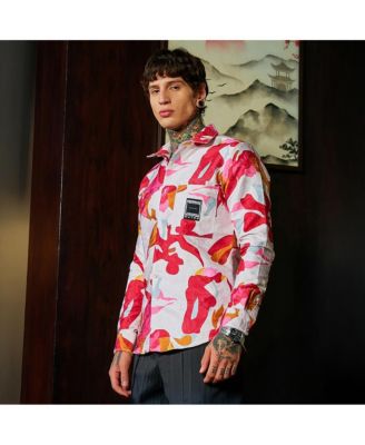 Men's Cream White & Scarlet Red Floral-Tactile Relaxed Shirt