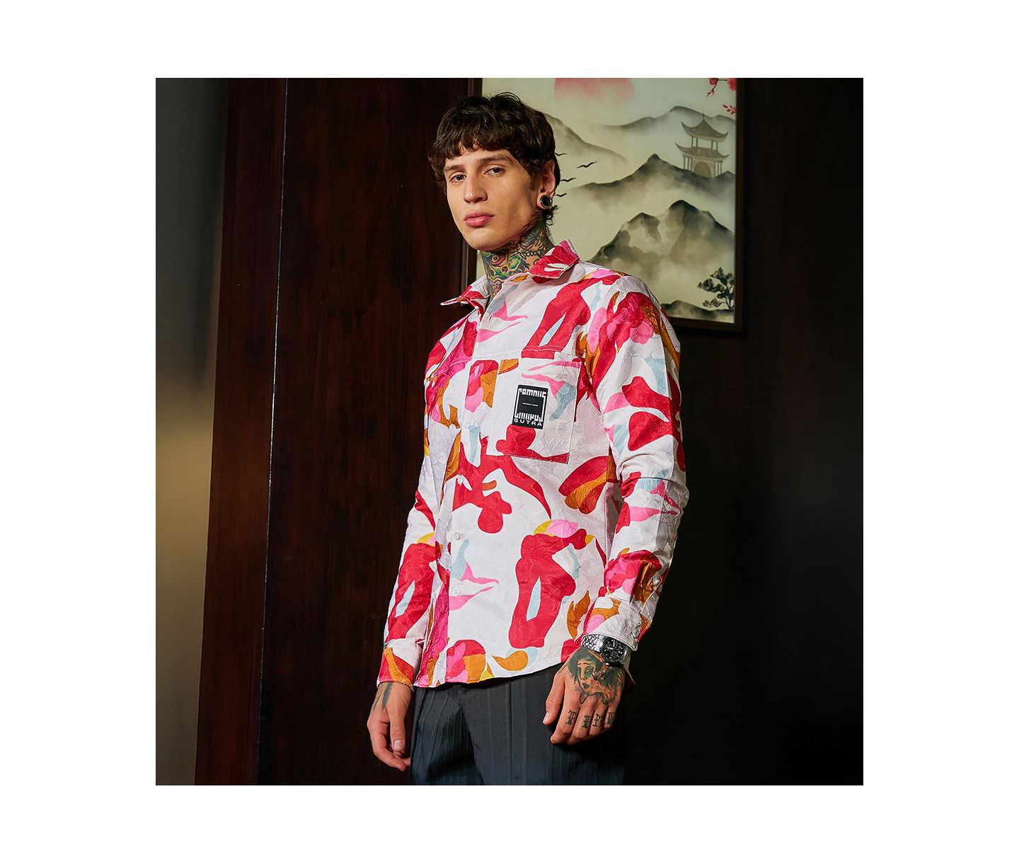 Мужская рубашка Cahoot Campus Sutra Cream White & Scarlet Red Floral-Tactile Relaxed, цвет: Красный — фото 3