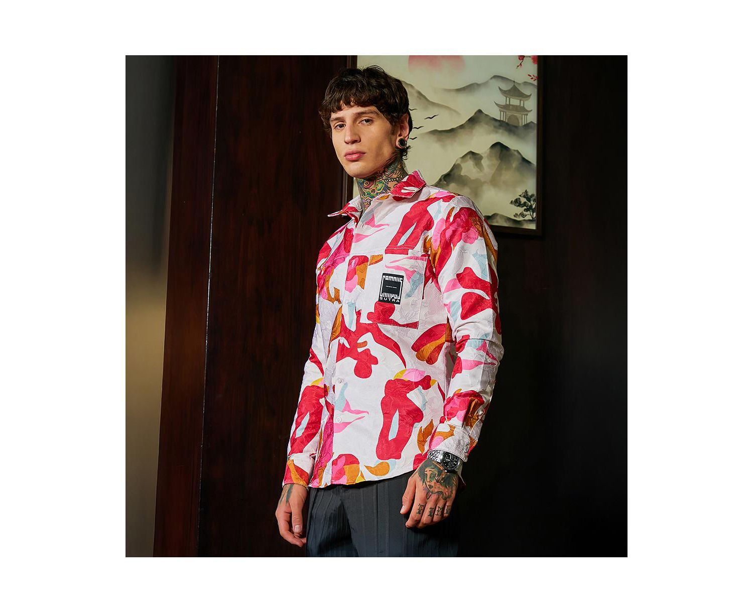 Men's Cream White & Scarlet Red Floral-Tactile Relaxed Shirt