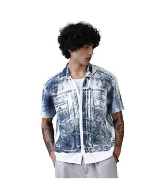 Men's Navy Blue Denim-Imprint Relaxed Shirt