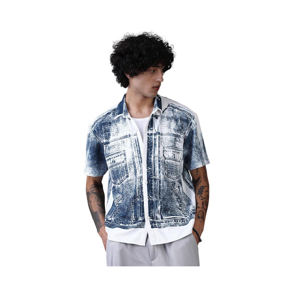 Campus Sutra Men's Navy Blue Denim-Imprint Relaxed Shirt