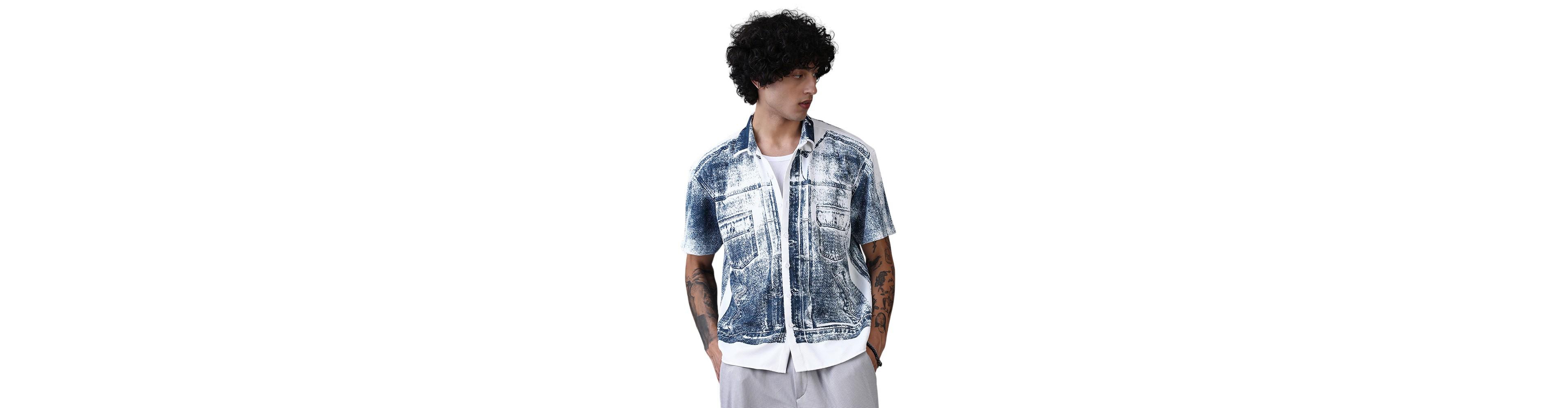 Campus Sutra Men's Navy Blue Denim-Imprint Relaxed Shirt