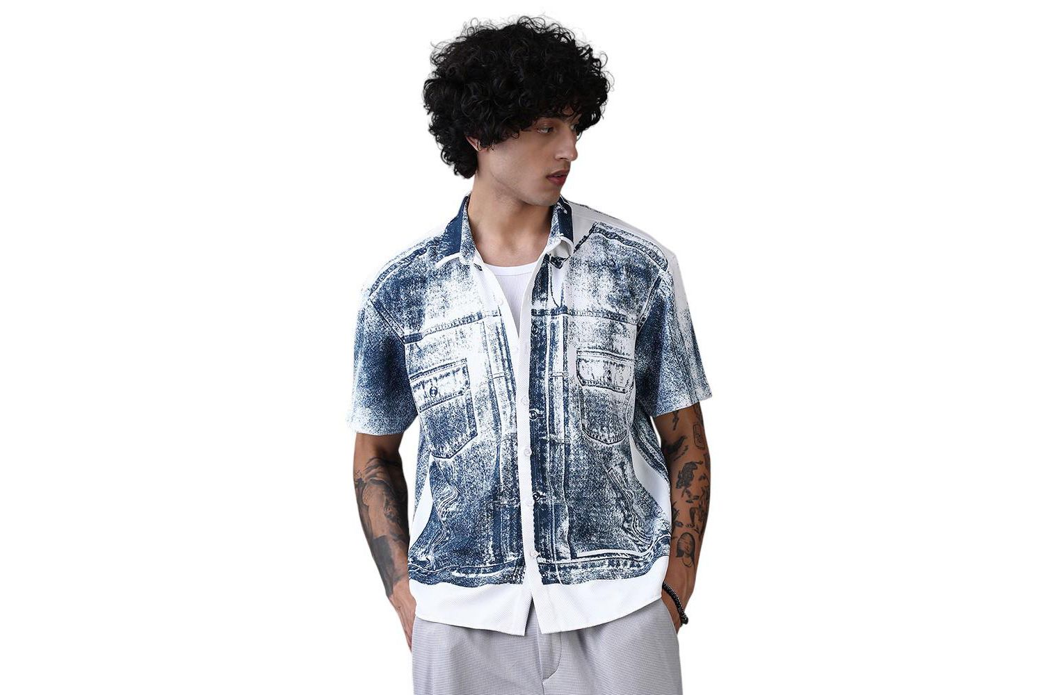 Men's Navy Blue Denim-Imprint Relaxed Shirt