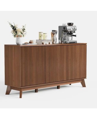 58" Modern Farmhouse Buffet Cabinet with Curved Doors & Adjustable Shelves - Wood Storage Sideboard for Dining Room, Walnut Wood Color