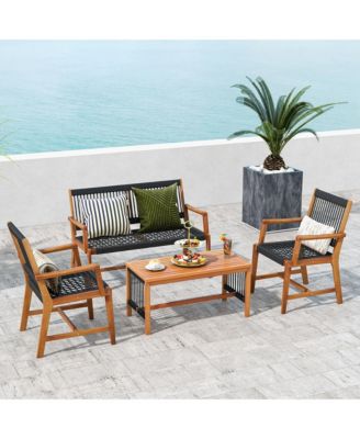 Patio 4pcs Acacia Wood Conversation Table & Chair Set Hand-Woven Rope Outdoor