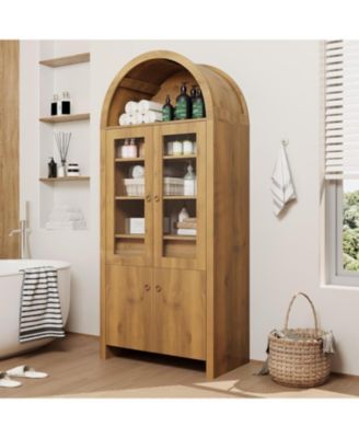 71" Tall Arched Kitchen Pantry Cabinet, Modern Farmhouse Kitchen Storage Cabinets with Open & Adjustable Shelves, Hidden Drawer & Glass Door