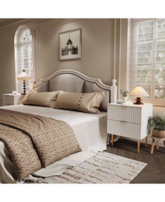 2pcs Modern Nightstand with 2 Drawers, Golden and Wood Fluted Night Stand with Charging Station, Bedside Table with USB Ports and Outlets.