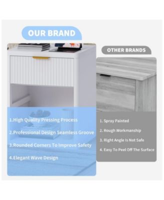 Set of 2 Charging Station, Drawers and Open Storage Space, Natural Color Fluted Nightstand Bedside Table