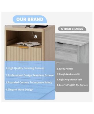 Fluted Nightstand with Charging Station, Bedside Table with 2 Drawers and Open Storage Space, Mid Century Modern End Table, 1pcs