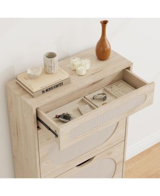 Shoe Cabinet, Rattan Shoe Storage With 2 Flip Drawer and 1 Pull-Out Drawer, Heavy Duty Metal Leg,Entryway Shoe Organizers