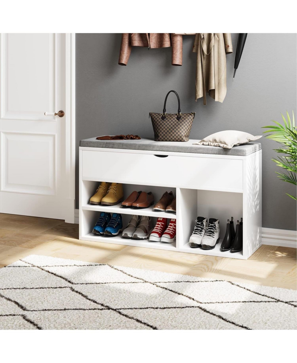 Gaomon Shoe Bench w/ Cushion, Adjustable Shelf & Hidden Storage, Wooden Shoe Rack for Entryway or Hallway