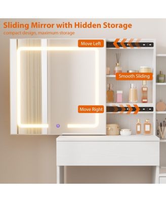Vanity Desk with Sliding Mirror and Lights, Modern Makeup Vanity Table with 4 Drawers and 7 Storage Shelves