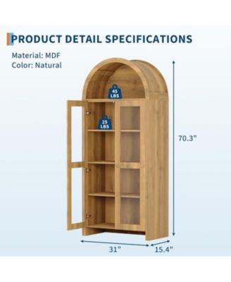 70" Tall Arched Kitchen Pantry Cabinet, 5-Tier Wood Display Storage Cabinet with Acrylic Doors Modern Freestanding Cupboard