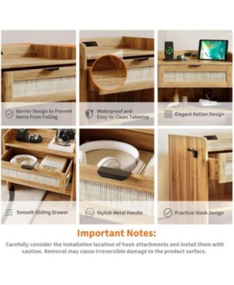 Rattan Nightstand, Bedside Table with Type-C Charging Station - 1 Storage Drawer & Open Storage Space, Boho End Table Side Table