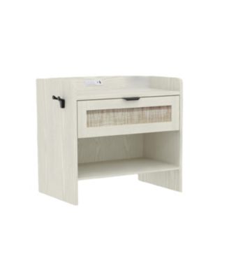 Rattan Nightstand, Bedside Table with Type-C Charging Station - 1 Storage Drawer & Open Storage Space, Boho End Table Side Table