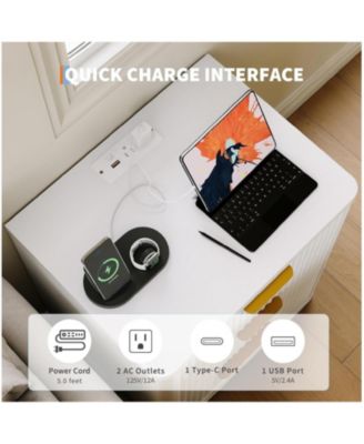 Fluted Nightstand Set of 2, Bedside Table Built-in Charging Station, Featuring 2 Drawer & Open Storage Space, Mid Century Modern Night Stand