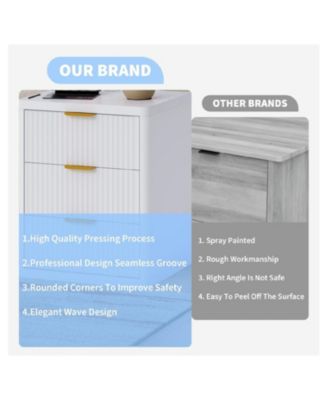 Fluted Nightstand with Charging Station, Bedside Table with 3 Drawers and Open Storage Space, Mid Century Modern End Table,