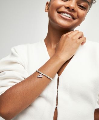 Silver Beaded and Pink Crystal Heart Stretch Bracelet