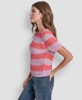 Women's Short-Sleeve Raglan Stripe Pointelle Pull-On Sweater