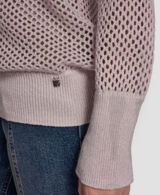 Women's Long Sleeve V-Neck Open Stitch Lurex Sweater with Logo Charm