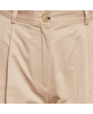 Women's Beige Cotton Twill Pleated Shorts