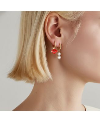 18K Gold-Plated Mismatched Huggie Earrings with Lip Charm & Freshwater Pearls