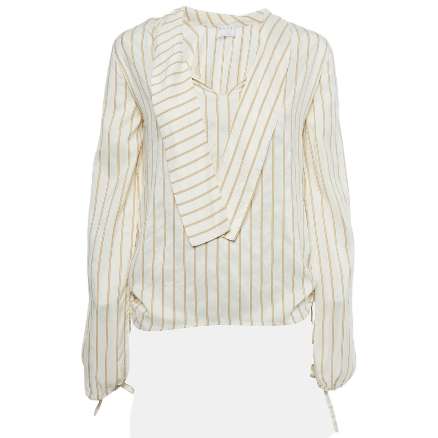 Women's Cream Stripe Silk Neck Tie-Up Detail Blouse