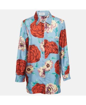 Women's Blue Rose Print Silk Long Sleeve Shirt