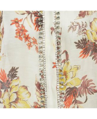 Women's Beige Floral Print Embellished Linen & Silk Matchmaker Shirt