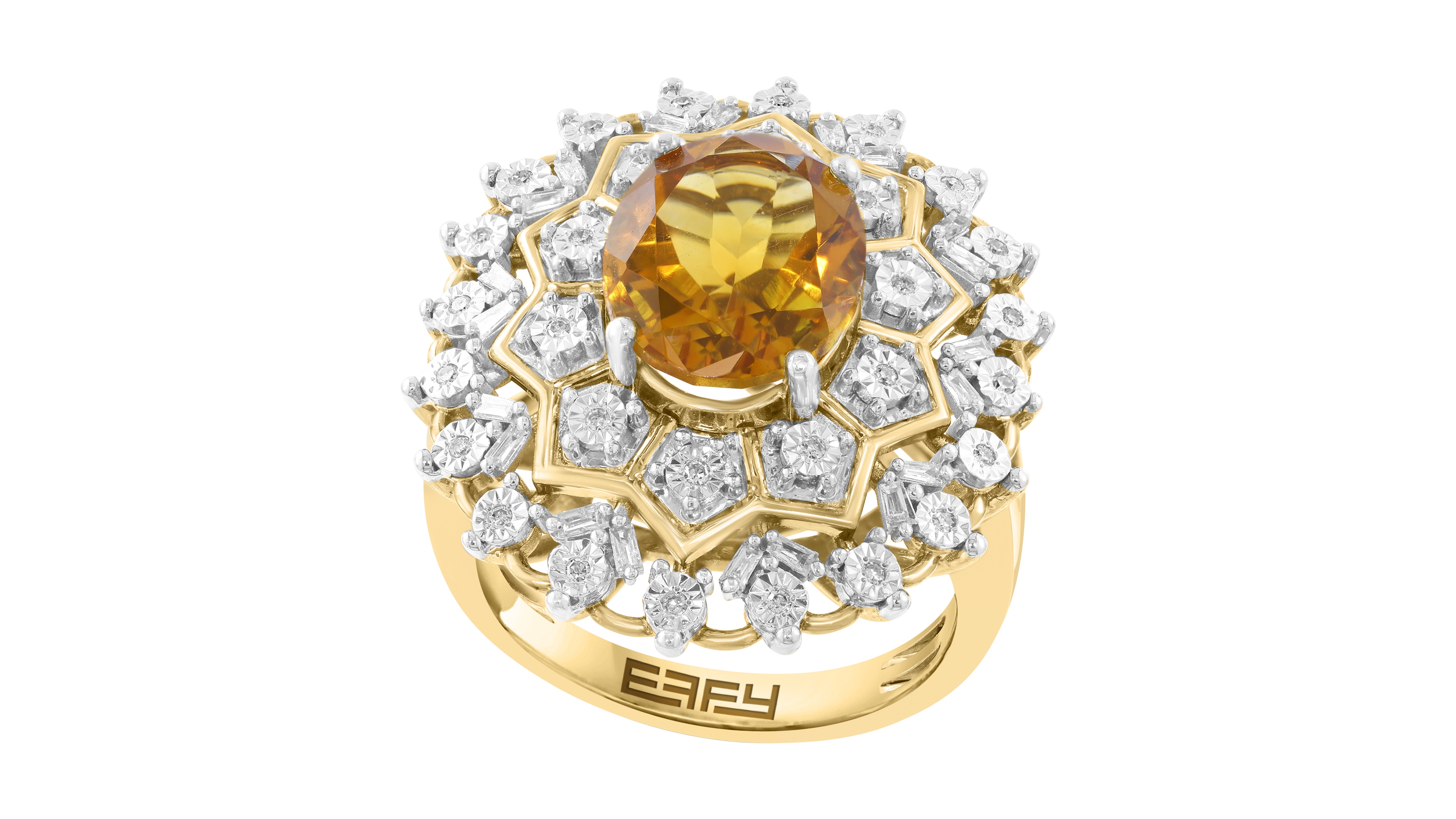 Effy Collection Citrine (3-1/8 ct. t.w.) and Diamond Ring (1/4 ct. t.w.) in 14k Yellow Gold Over Silver
