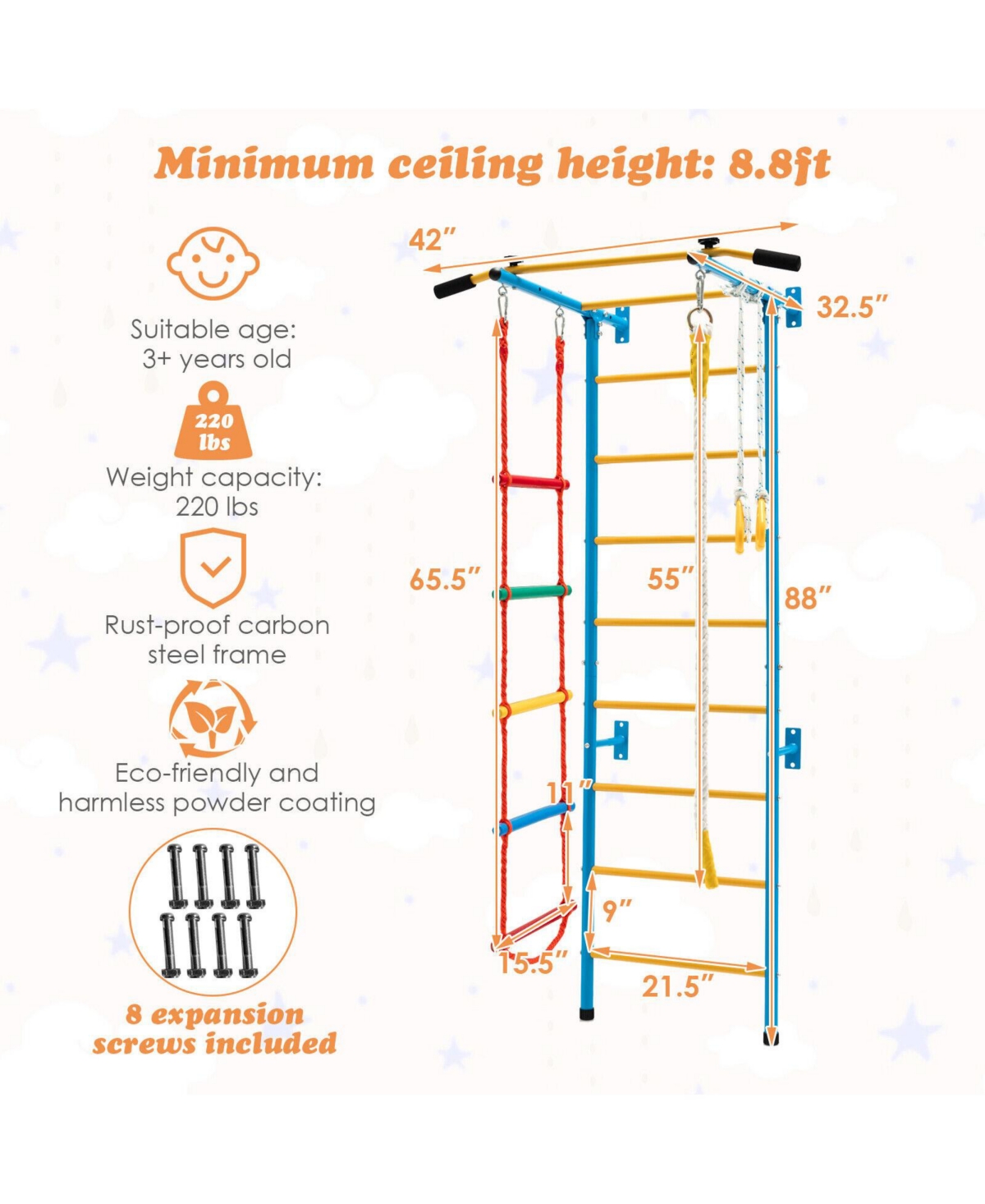 Skonyon 7 In 1 Kids Indoor Gym Playground Swedish Wall Ladder for Solid Wall-Yellow