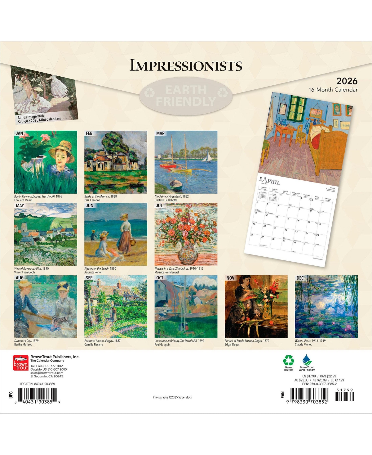 BrownTrout Impressionists | 2026 12 x 24 Inch (Hanging) Monthly Square Wall Calendar | Plastic-Free