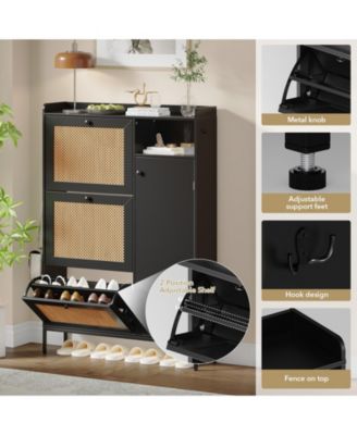 Rattan Shoe Storage Cabinet with 3 Flip Drawers, Freestanding Organizer with Adjustable Shelves