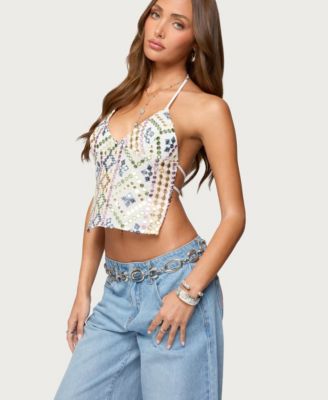 Women's Embroidered Sequin Backless Top