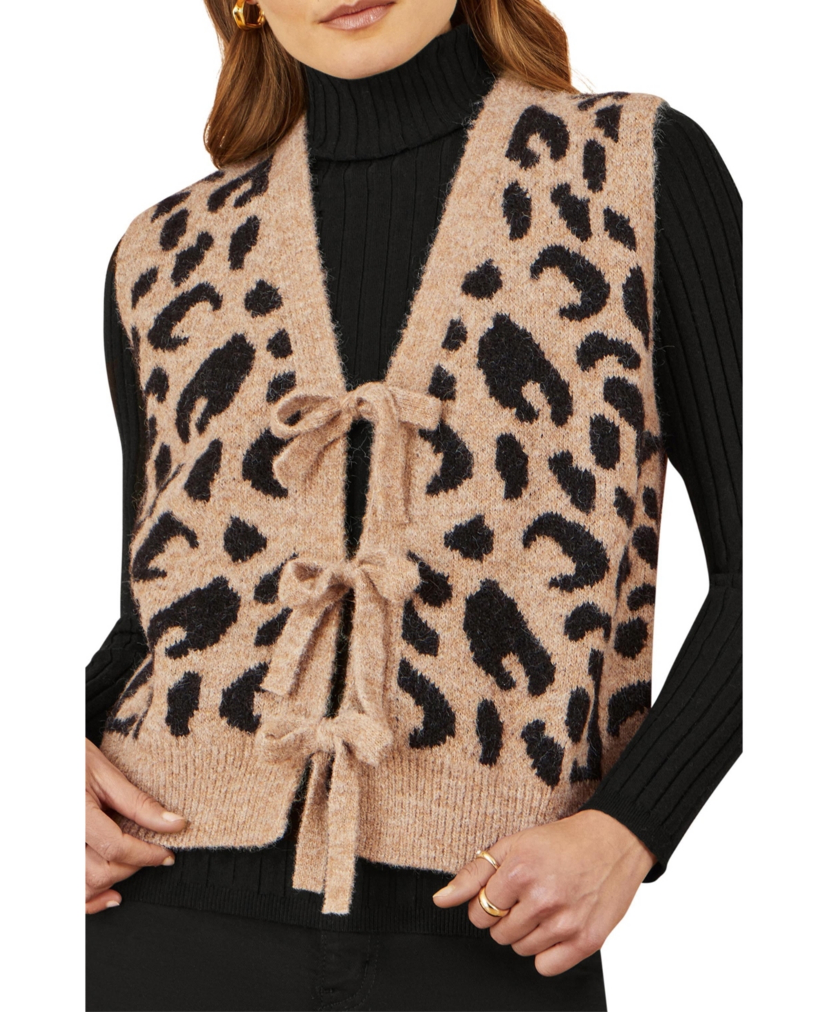 Yumi Women's Knitted Cheetah Print Tie Waistcoat