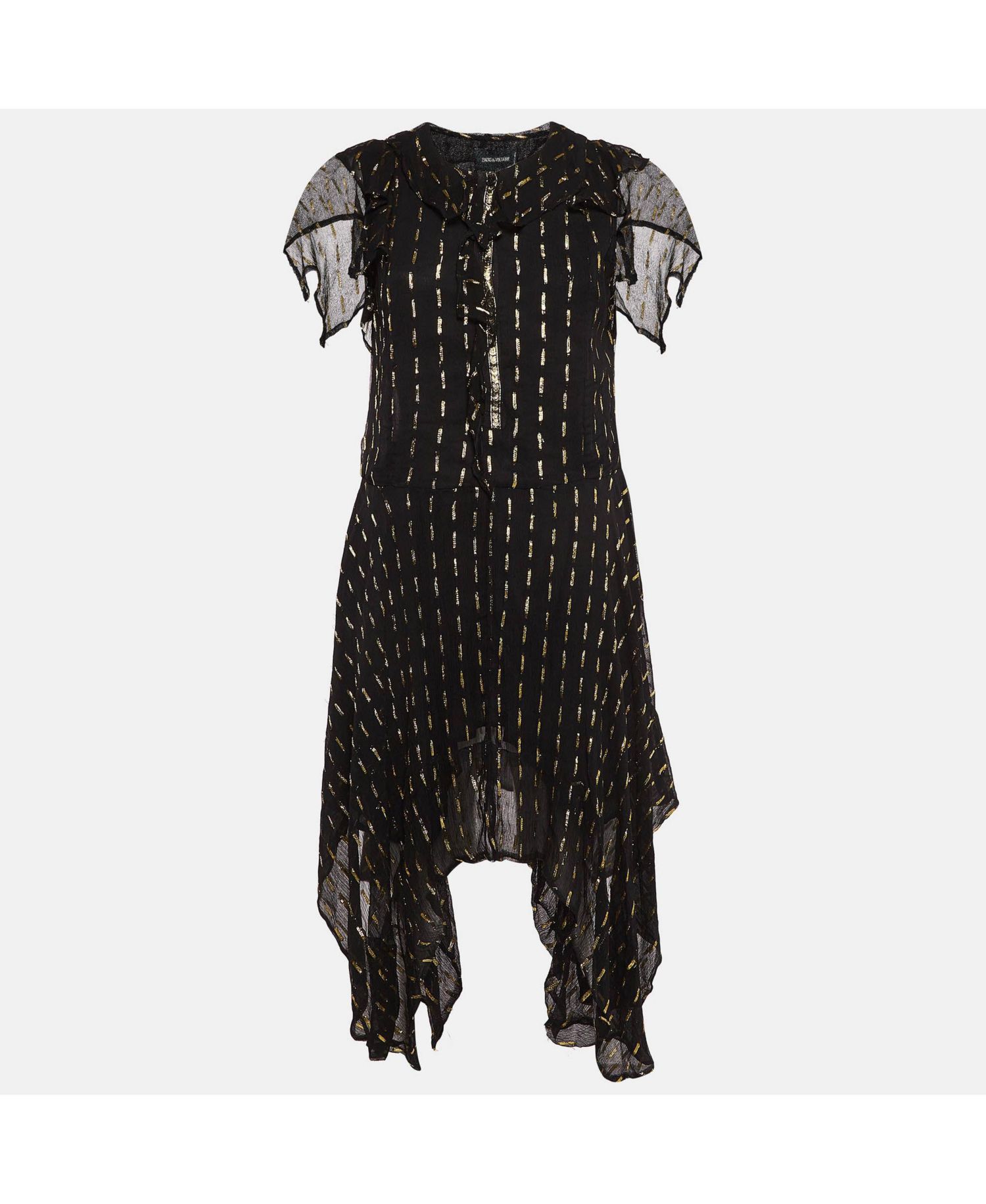 Women's Black & Gold Shiny Crepe Ruffled Dress