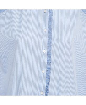 Women's Blue Stripe Cotton Button Front Ruffled Rilt Mini Dress