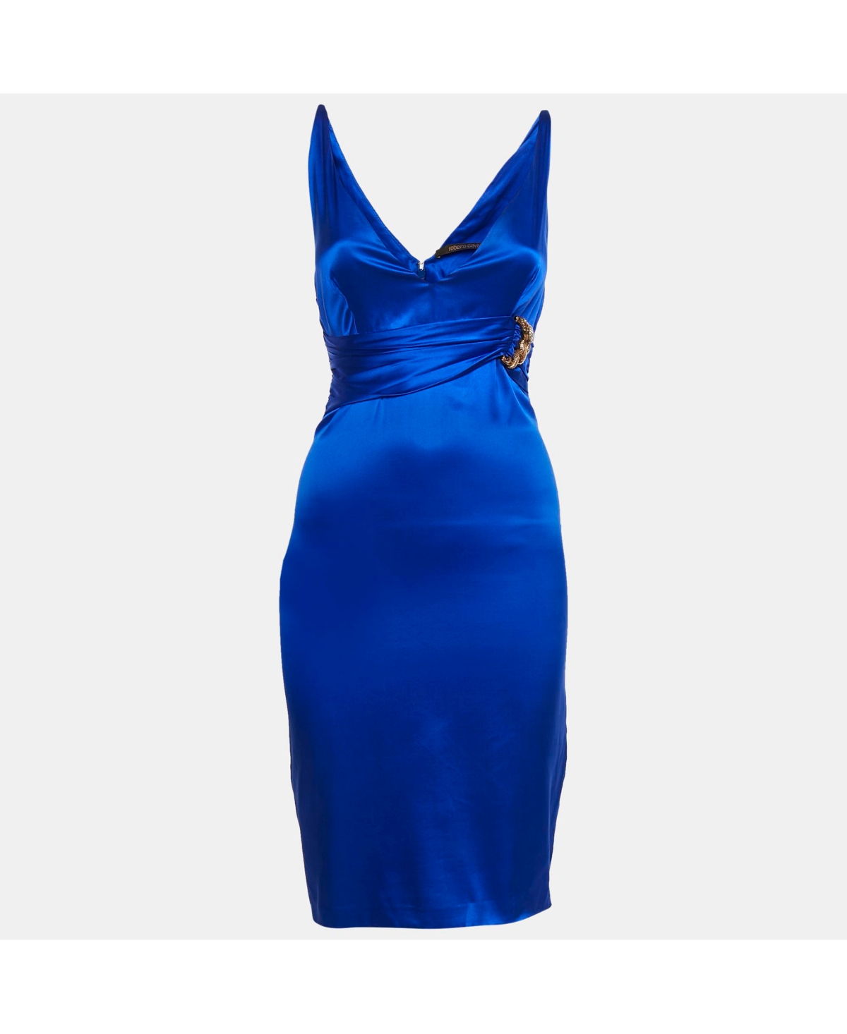 Pre-Owned Roberto Cavalli Women's Blue Stretch Satin Metal Detail Short Dress