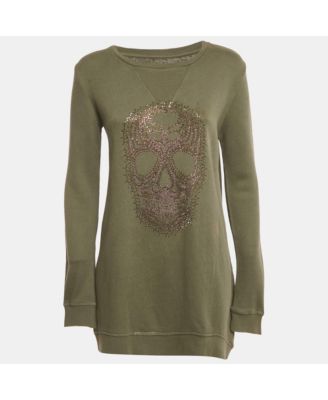 Women's Sage Green Skull Embellished Cotton Anael Tunic Sweater