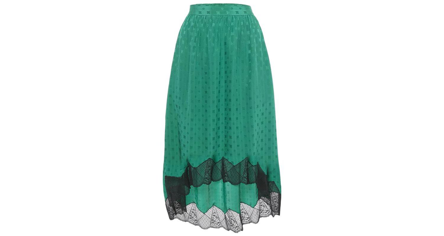 Women's Green Patterned Silk Lace Trim Joslin Midi Skirt