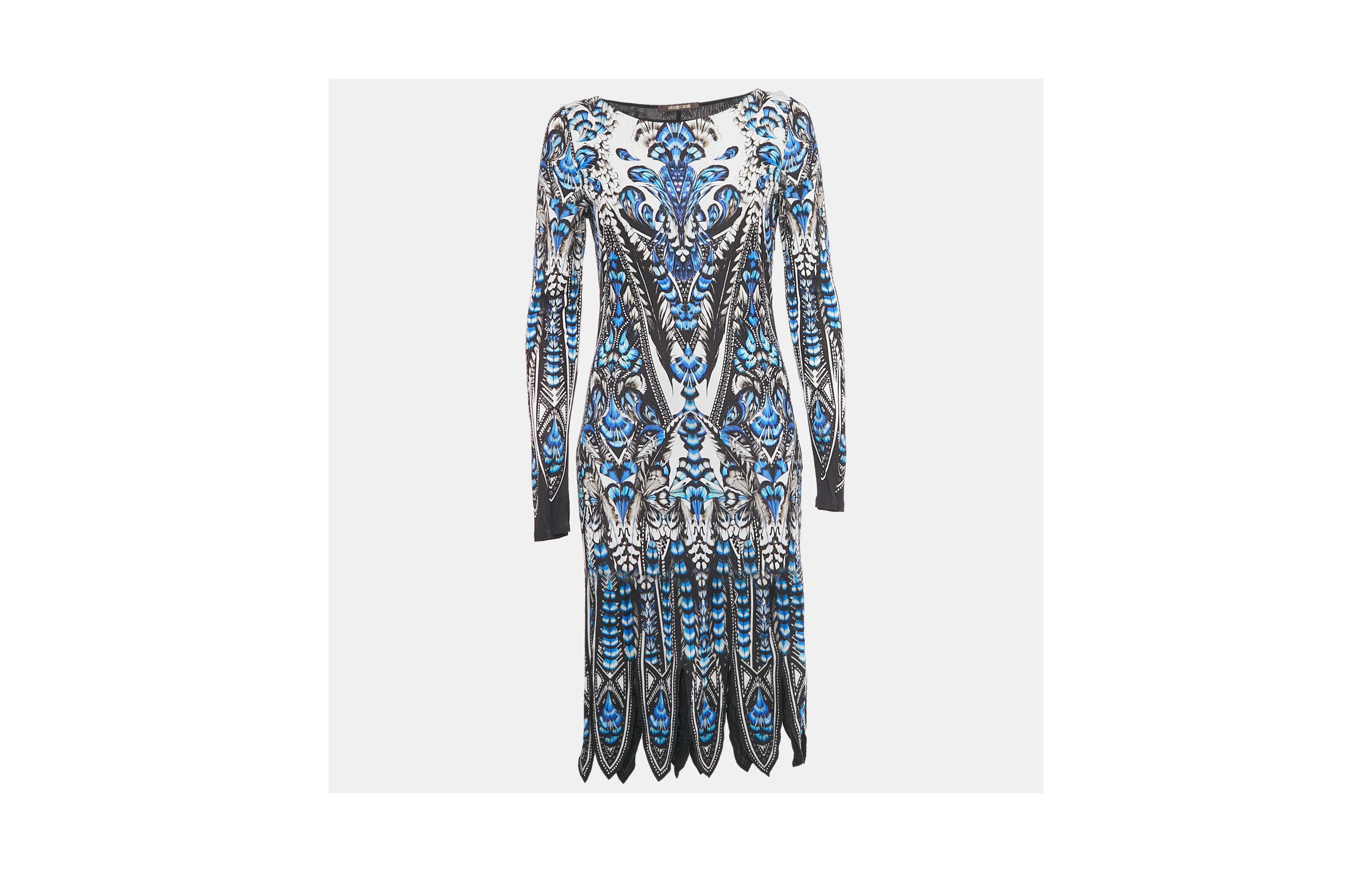 Pre-Owned Roberto Cavalli Women's Blue Printed Jersey Long Sleeve Dress