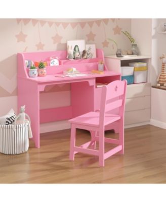 kids desk and chair set with hutch and storage cabinet, wooden study table for boys and girls, ideal for writing, computer work, and learning.